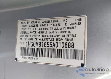 2005 Honda Accord 3.0 Ex from USA, damaged, VIN 1HGCM81655A010688